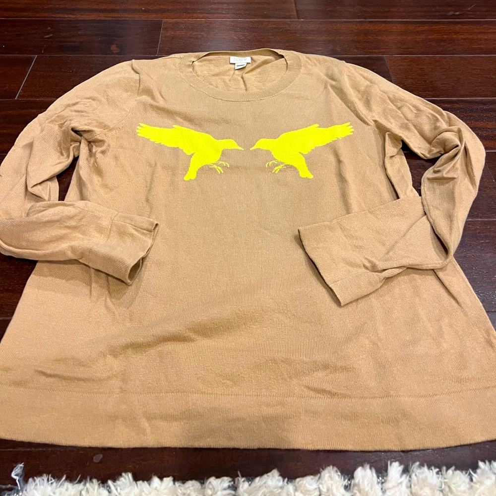 Jcrew cotton sweater with two neon yellow birds